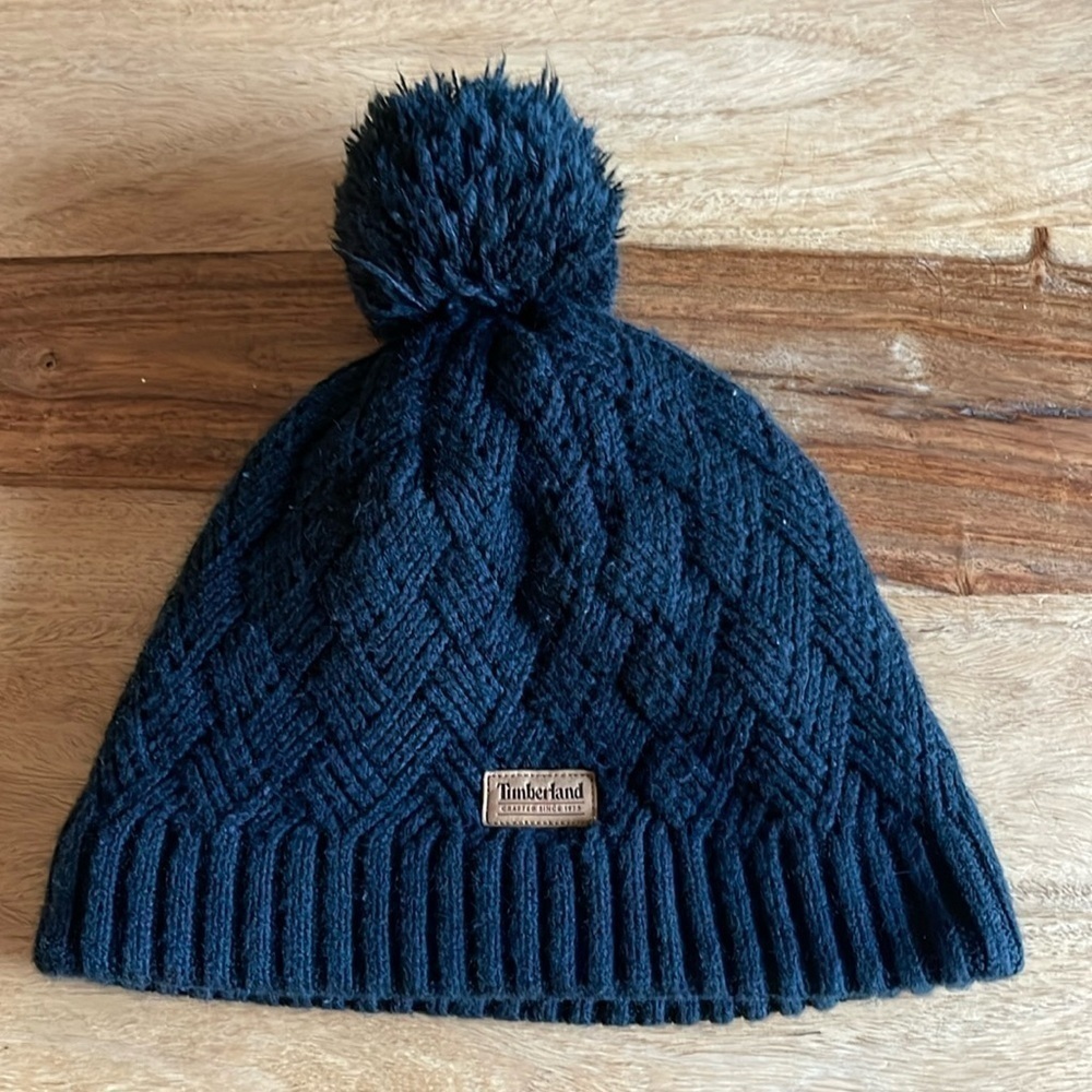 Timberland Black Pom Pom Faux Fur Lined Beanie